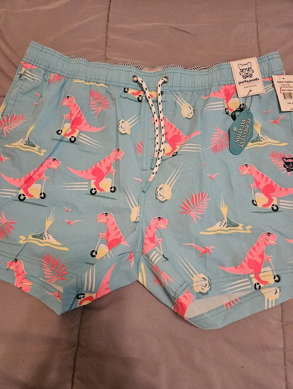 Party Pants Men’s Light Blue Dino Print Swim Trunks